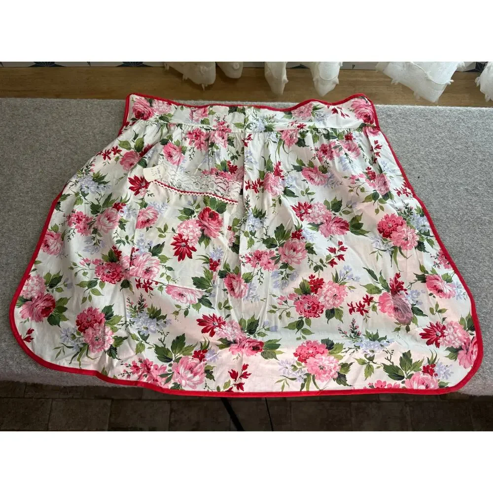 Lot of 2 Vintage Deadstock Floral Half Aprons Pink Red Rose Novelty RN 26465